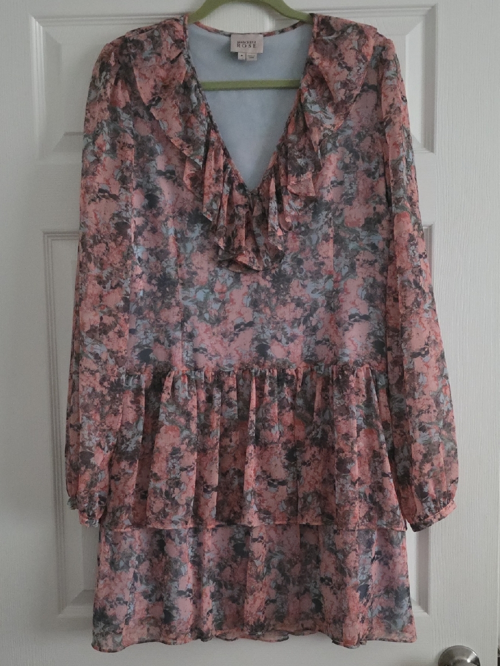 Marchesa Pink and Gray Floral Ruffle Mini Dress